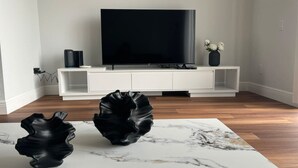 Un salon moderne avec un téléviseur à écran plat posé sur un meuble blanc, deux vases noirs aux motifs abstraits sur un tapis à motifs de marbre, et un petit vase avec des fleurs blanches sur le meuble.