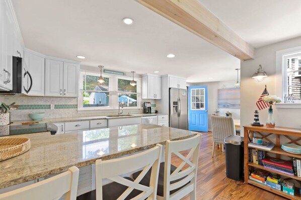 Fridge, microwave, oven, stovetop - Quiet home near Great Pond with patio, W/D, AC, games, & private yard (Falmouth)