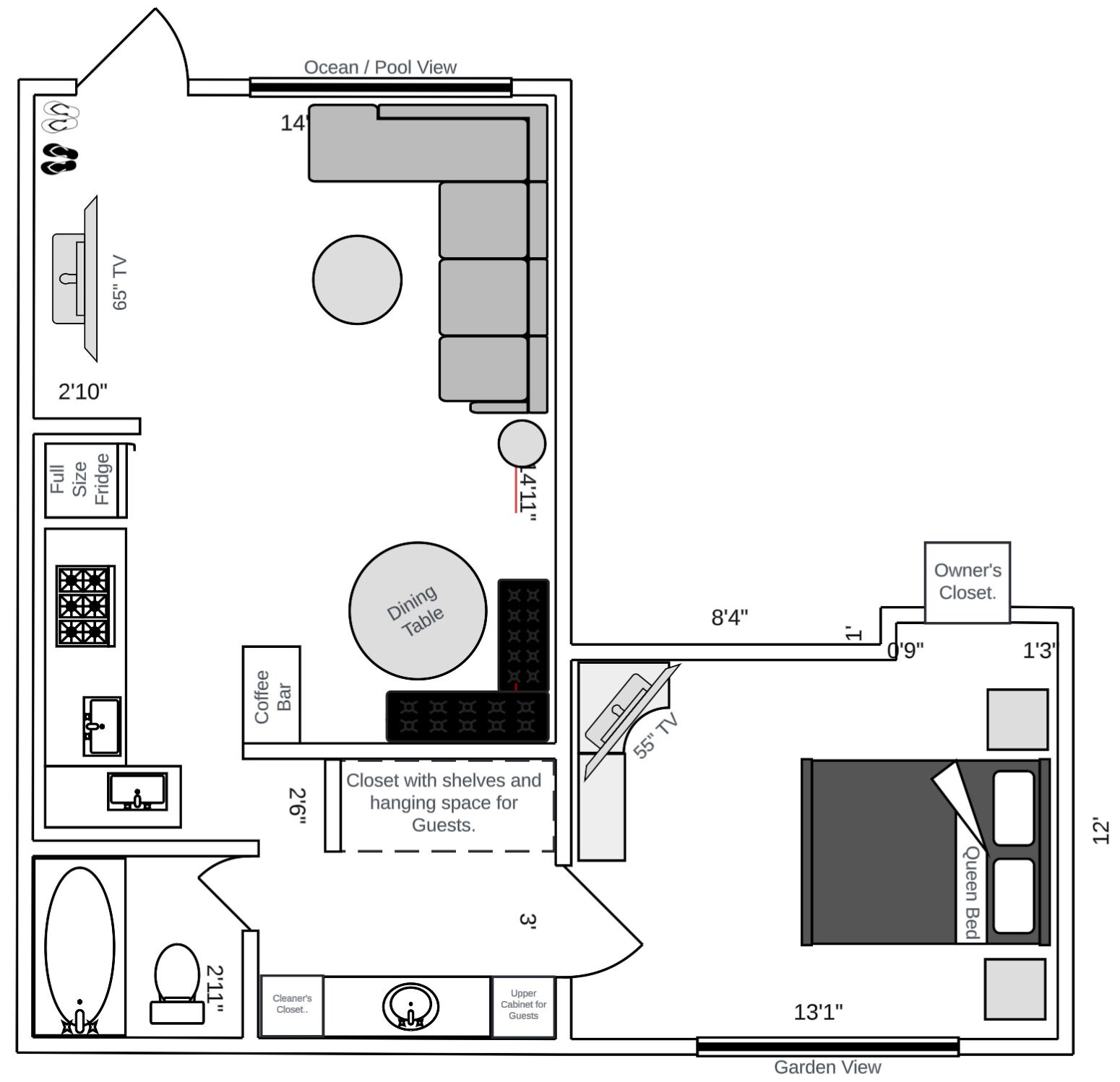 Pianta di una camera d'albergo con vista giardino, che include TV, angolo caffè, tavolo da pranzo e armadio con scaffali e spazio per appendere i vestiti a disposizione degli ospiti.
