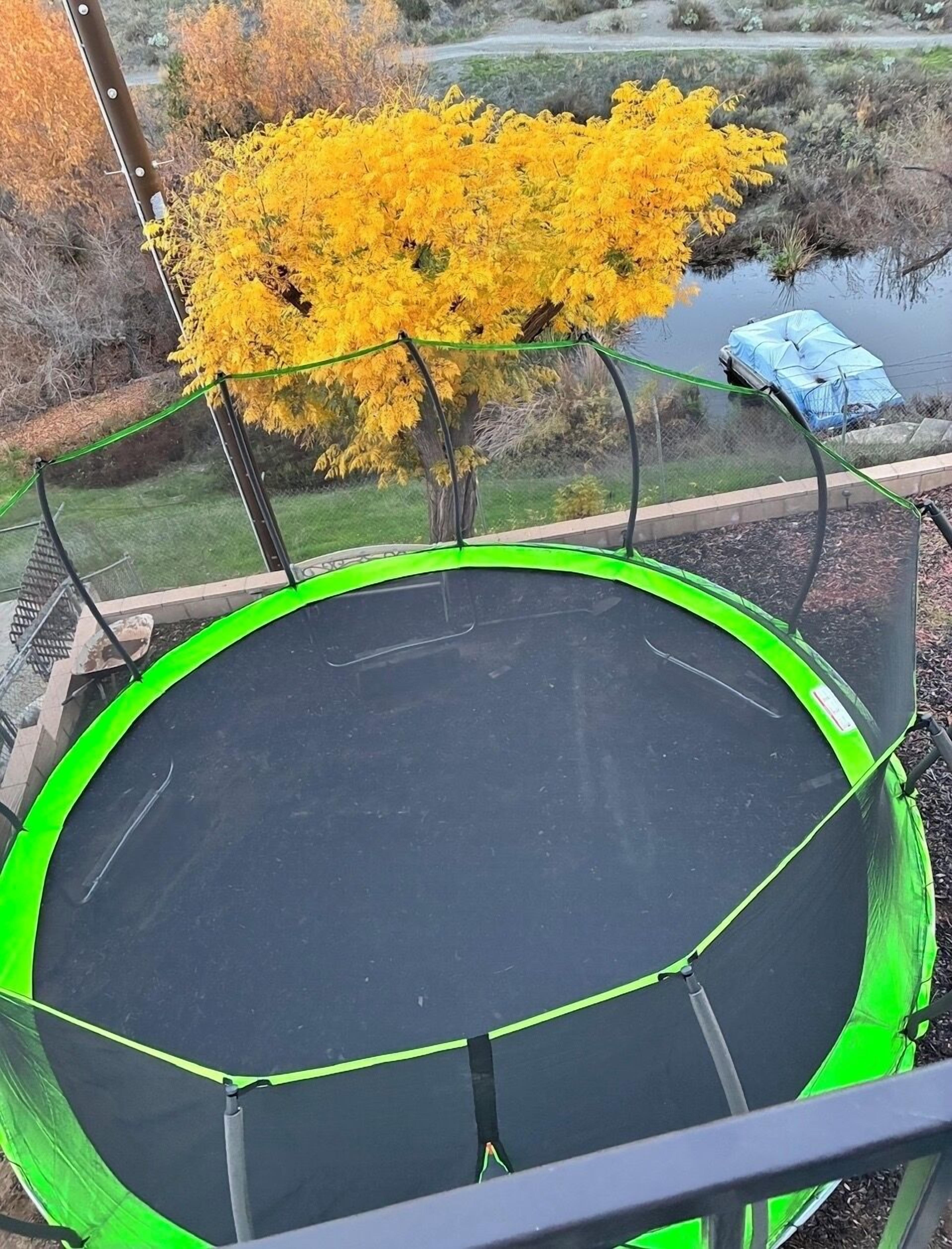 Un trampoline doté d’un filet de sécurité, entouré d’une zone herbeuse et d’un arbre aux feuilles jaunes.