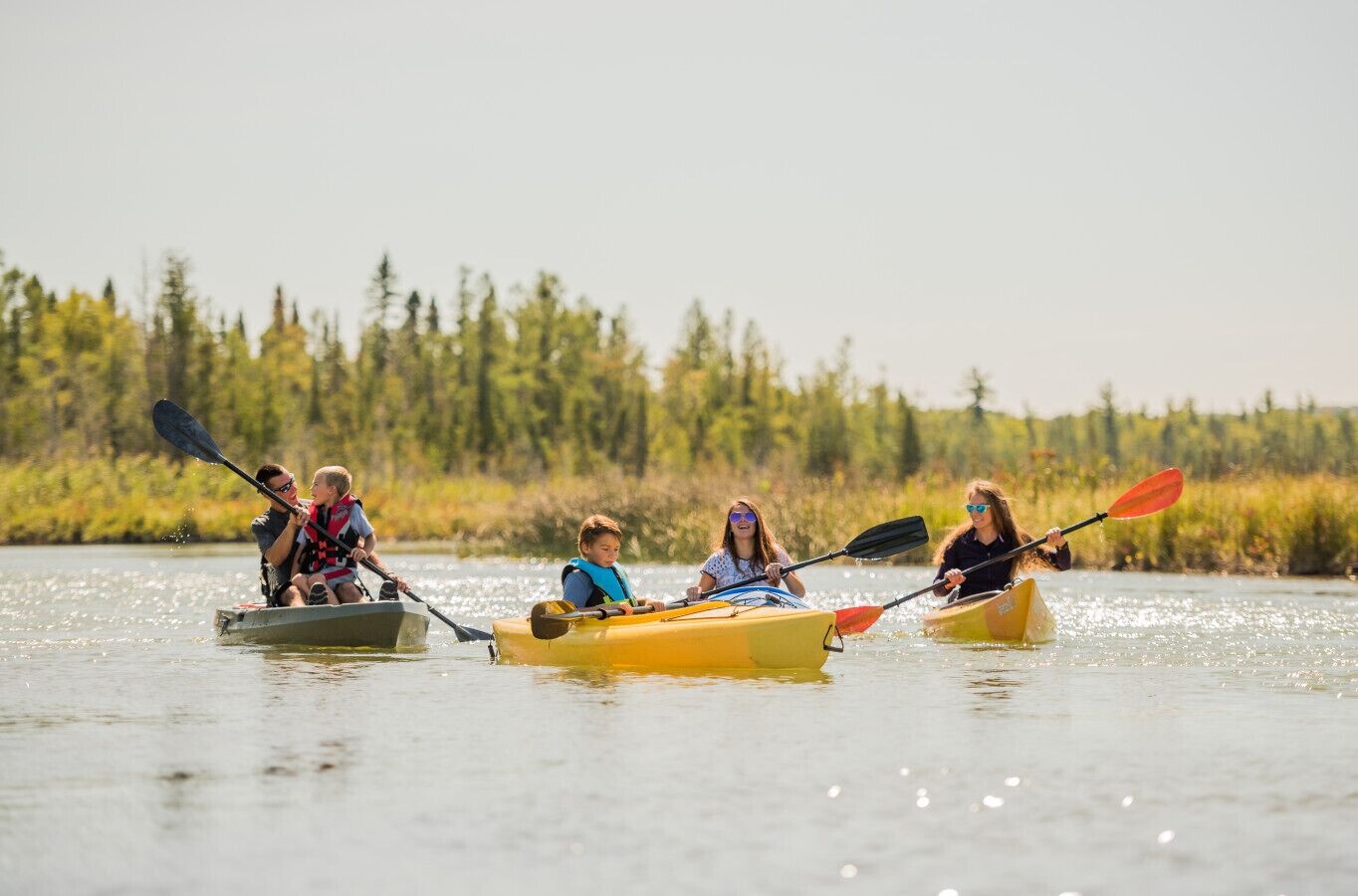 Un groupe de personnes pratiquant le kayak sur une étendue d’eau calme, entourée d’arbres.