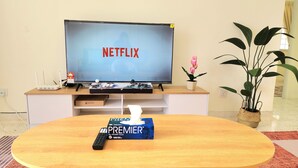 Un salon avec un téléviseur affichant le logo « NETFLIX », une télécommande, un décodeur « PREMIER » et une plante en pot.
