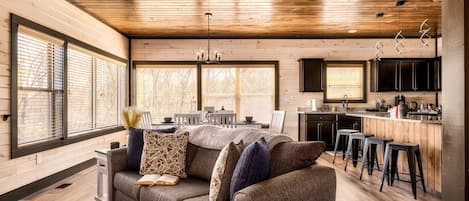 Smart TV, fireplace, music library, video library