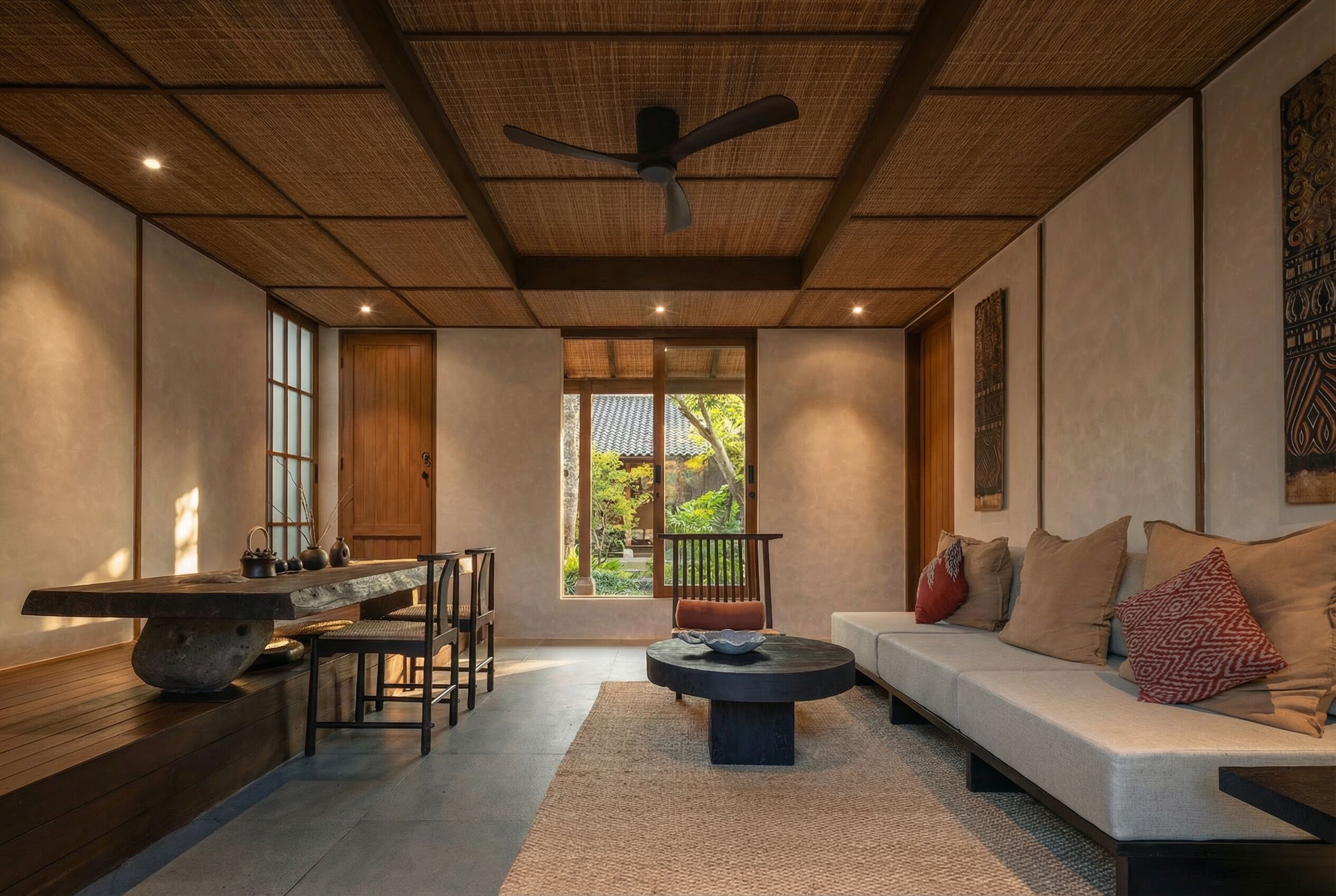 Ein modernes Interieur mit Esstisch, Sofa und Deckenventilator.