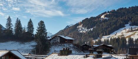 A snow-covered mountain village with wooden buildings and a clear sky.