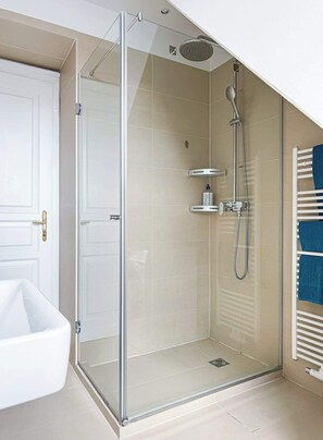 Shower, hair dryer, towels
