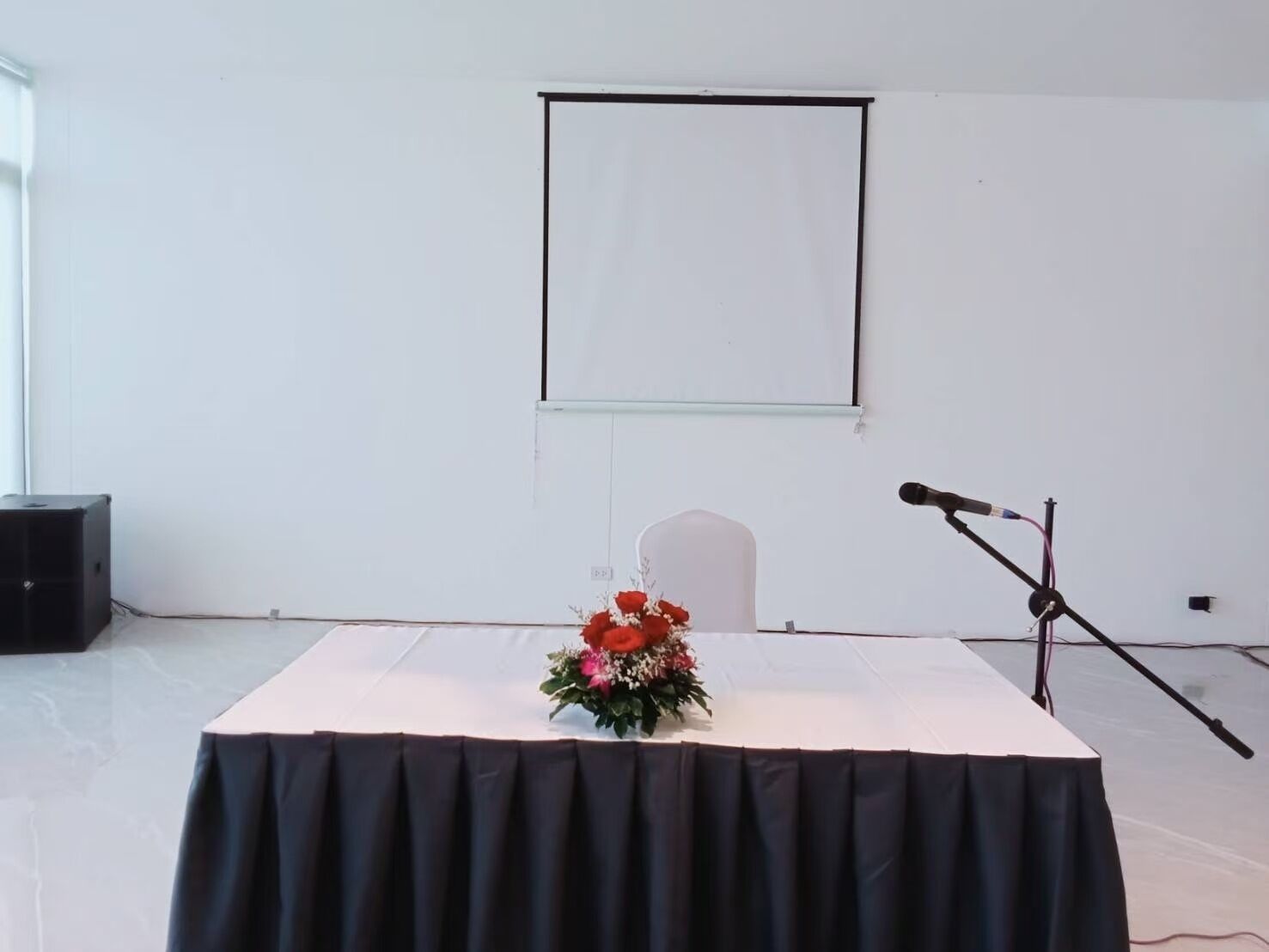 A conference room with a table covered by a black cloth, a microphone stand, a projector screen, and a speaker on the left.