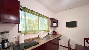 A compact kitchen with a granite countertop, a built-in microwave, a sink, and a window with sheer curtains.