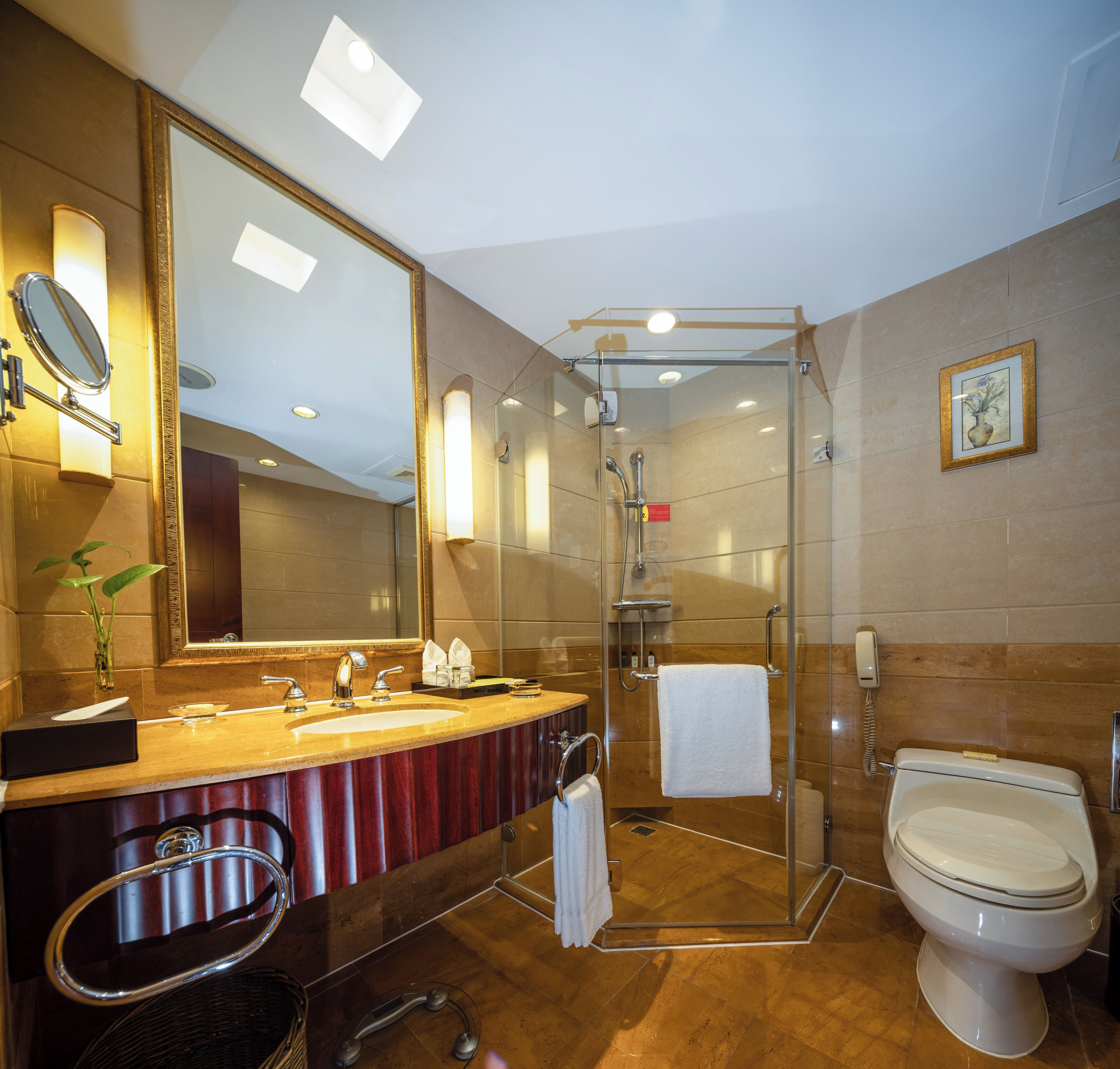 A modern bathroom with a glass-enclosed shower, a large mirror, a vanity with a sink, and a toilet.