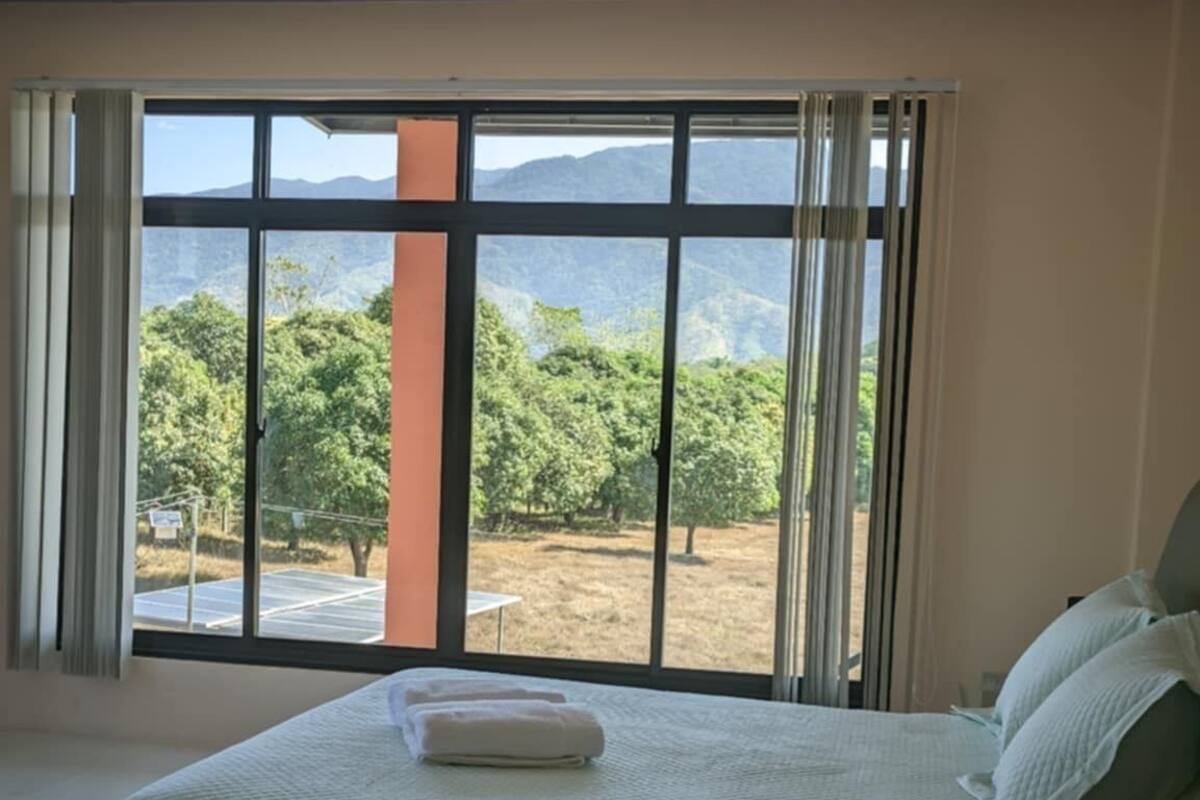 A bedroom with a large bed, a view of mountains and trees through the window, and a ceiling with a circular design.