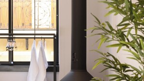 Et værelse med en sofa, et sort komfur, et vindue med udsigt og en plante.