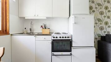 Fridge, microwave, oven, cookware/dishes/utensils