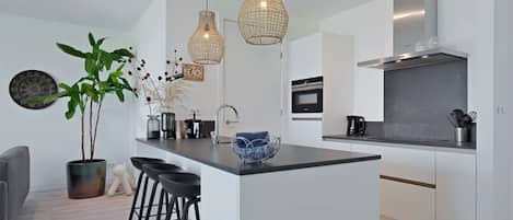 Fridge, oven, dishwasher, coffee/tea maker
