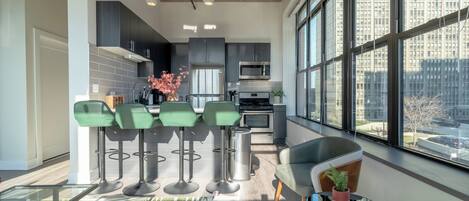 Fridge, microwave, oven, stovetop