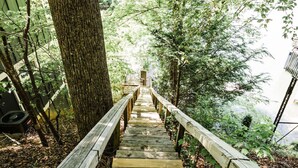 A wooden boardwalk leading through a forested area with trees and a view of a building in the distance.