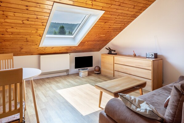 Una habitación acogedora en el ático, con techo inclinado, tragaluz, televisor, un armario de madera, un sofá y una mesa.