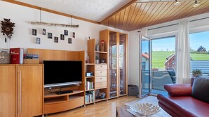 A modern living room with a flat-screen TV, wooden furniture, a bookshelf, and a sliding glass door to the outside.