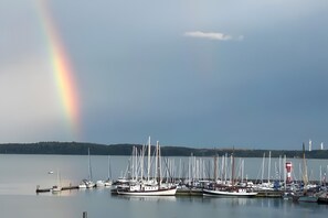 A marina with multiple sailboats docked, calm water, and a distant view of a forested landmass.