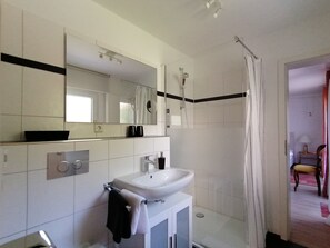 A bathroom with a sink, mirror, shower, and a towel rack. - Apartment '1' with Private Terrace, Shared Garden and Wi-Fi (Meersburg)