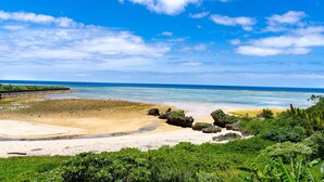 A beach with clear blue water, sandy shore, and green vegetation. - LoveOkinawa – 180° Ocean View Onna 1DK Seaside Stay (Onna)