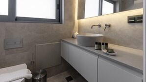 Une salle de bain moderne avec un grand lavabo, des toilettes et une poubelle.