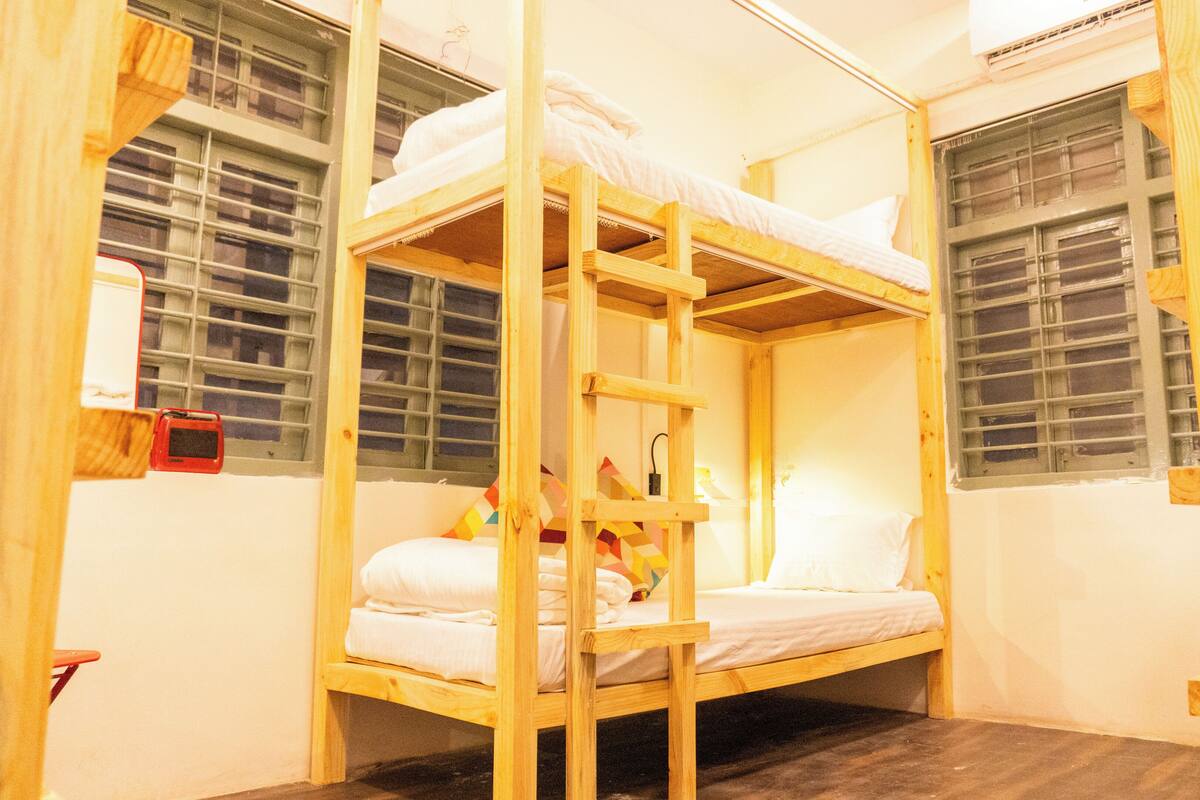Une chambre avec un lit superposé, une échelle, des murs en bois et une fenêtre avec des stores.