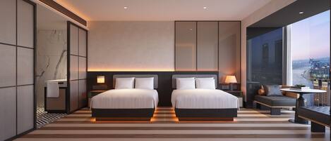 A modern hotel room with two beds, a large window with a city view, and a seating area with a table.