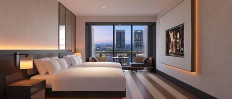 A modern hotel room with a large bed, a desk, a chair, a TV, and a city view.