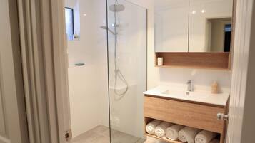Shower, hair dryer, towels