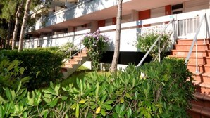 Ein mehrstöckiges Hotel mit Balkonen, einer Treppe und üppiger Bepflanzung.