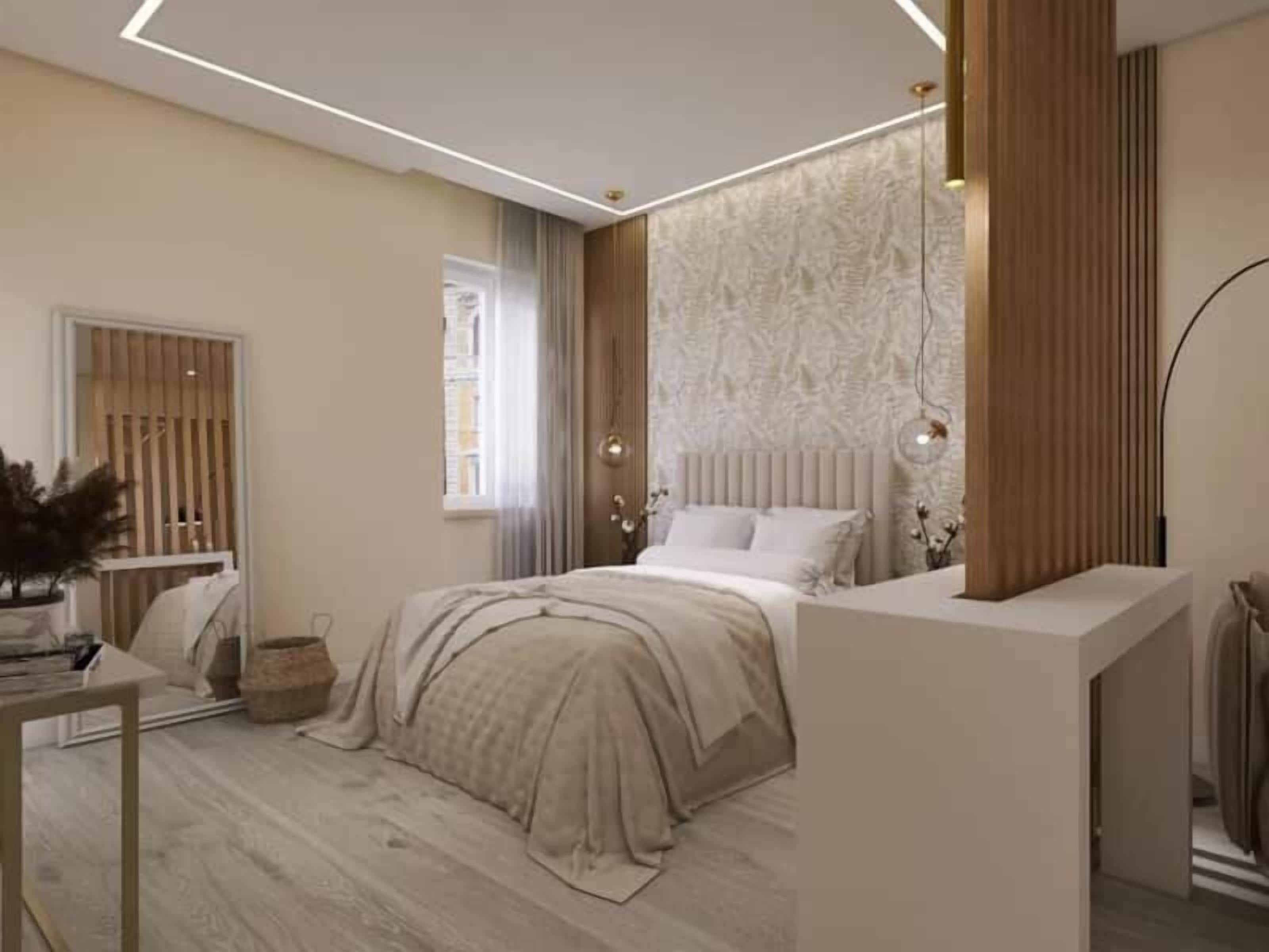 ميني بار ومكتب ومساحة عمل للكمبيوتر المحمول وستائر تعتيم