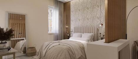 Minibar, desk, laptop workspace, blackout curtains