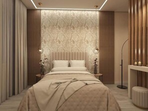 Luksusrom, byutsikt | Minibar, skrivebord, skrivebord for bærbar PC og blendingsgardiner