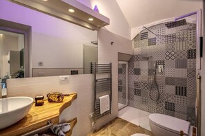 Regadera, secadora de cabello, bidet, toallas 