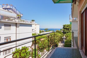 A balcony with a metal railing overlooking a residential area and a clear view of the sea.
