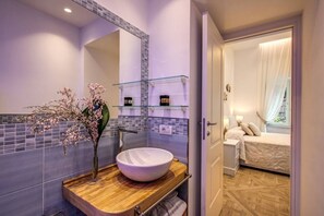 Shower, hair dryer, bidet, towels