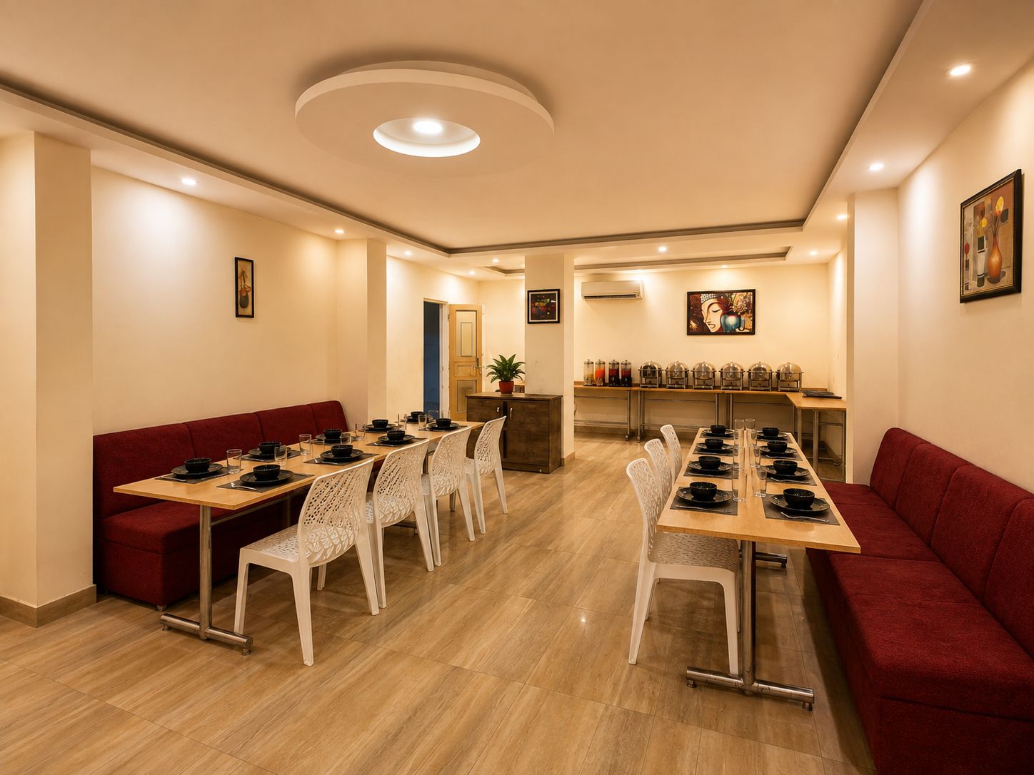 Un comedor con una mesa larga, sillas blancas y sofás rojos.