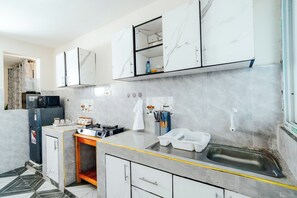 Fridge, microwave, stovetop, electric kettle