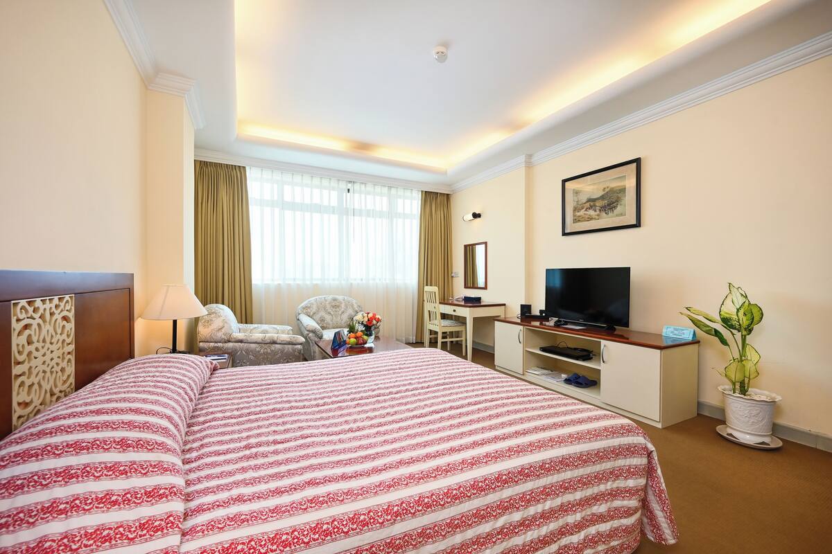 Une chambre d’hôtel avec un grand lit, un bureau avec une chaise, une télévision et une plante en pot.