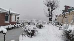 A wooden building with a snow-covered bridge in front. - Queens Lake House (Srinagar)
