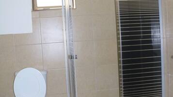 Shower, towels, soap, toilet paper