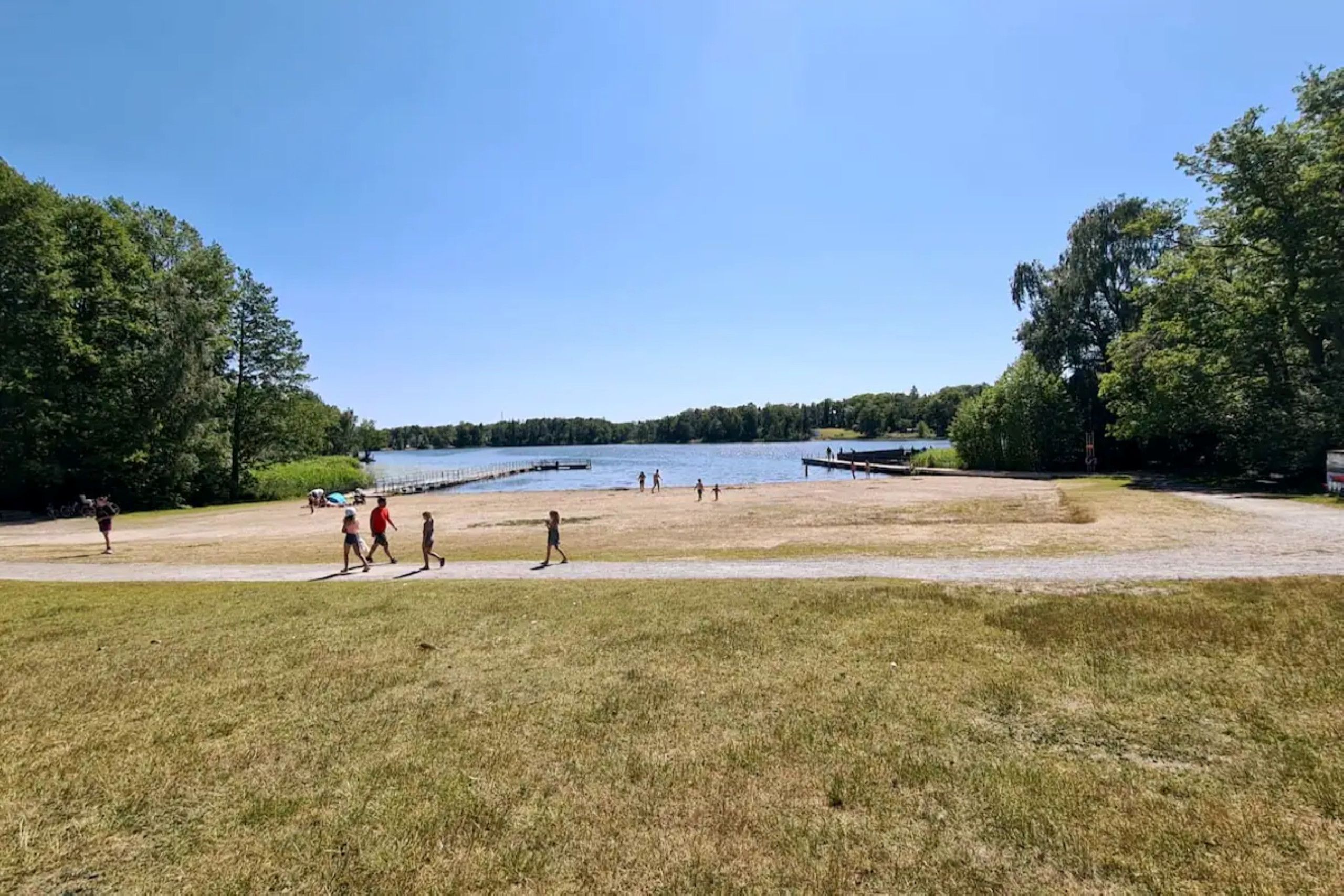 A lakeside park with walking paths, a dock, and dense trees.