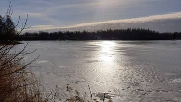 A frozen lake with the sun reflecting on the surface, surrounded by trees and some buildings in the distance.