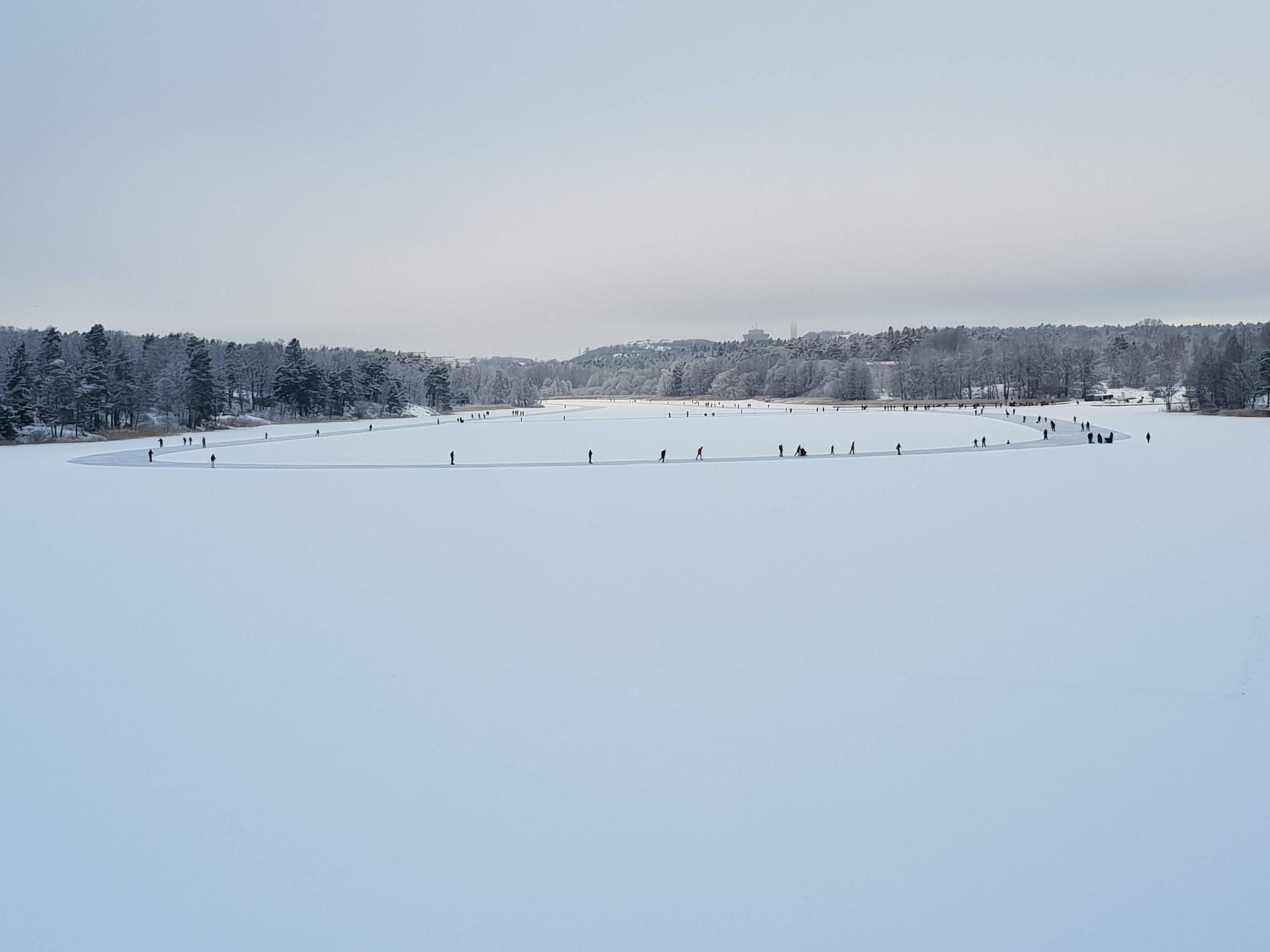 A large, open, snow-covered area with people walking, surrounded by trees and distant buildings.