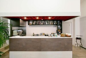 Una cocina moderna con una isla central, una estantería para vinos arriba y una planta en maceta a la izquierda.