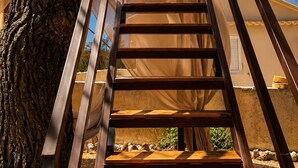 Un escalier en bois avec des rampes en métal, menant à un bâtiment à l’extérieur beige et à un arbre aux branches nues.