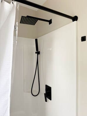 Hair dryer, towels, soap, shampoo