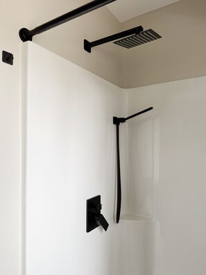 Hair dryer, towels, soap, shampoo