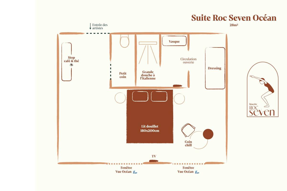 A floor plan of Suite Roc Seven Ocean, including a dining area, a dressing room, a small balcony, and a TV.