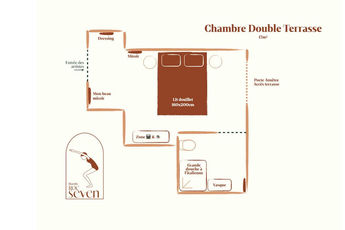 A double terrace room layout with a bed, dressing area, and a mirror.
